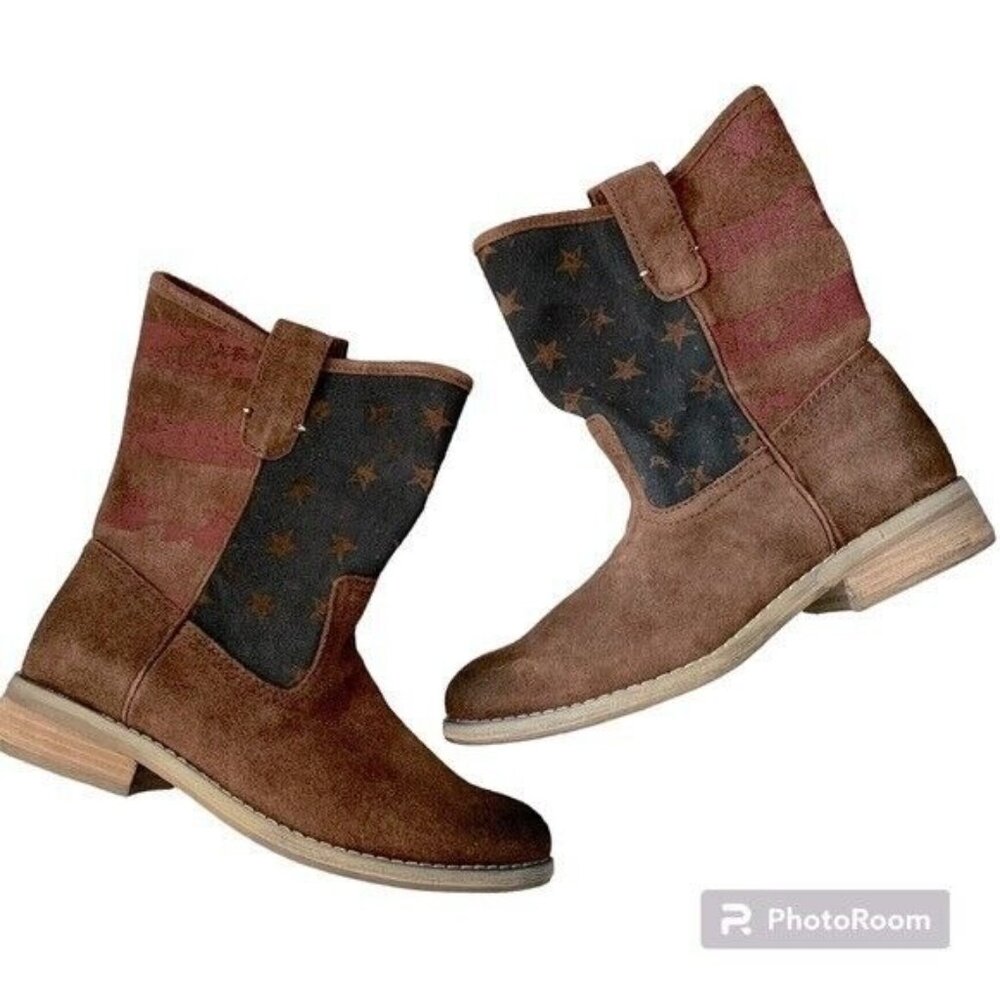 Ralph Lauren Denim & Supply Ayla American Flag Brown Suede Pull-On Boots Sz 7